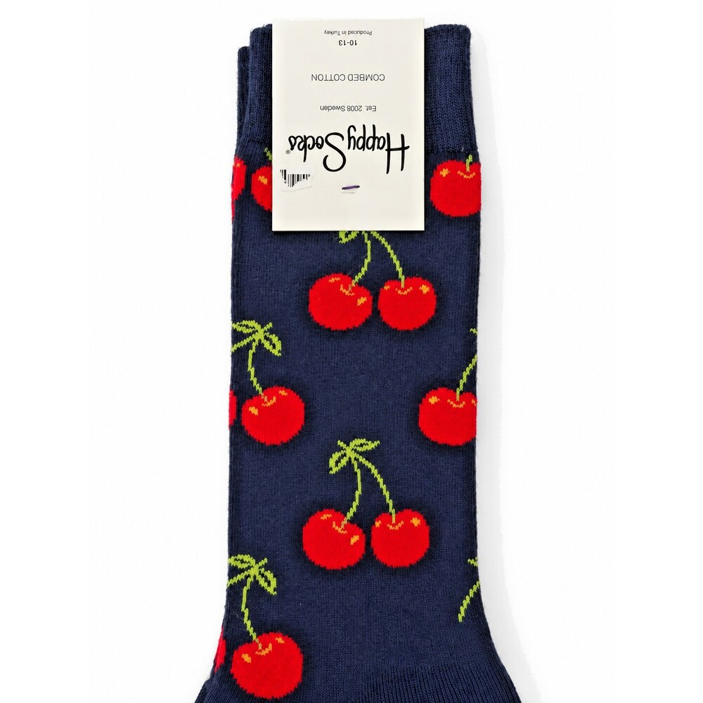 Happy Socks Men's Socks Navy Blue Cherries Unisex Size 10-13 Shoe Sz 8-12 Cotton